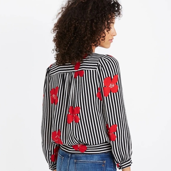 Madewell | Floral Wrap Top in Candied Orchids Black White Red Size XL - Picture 4 of 11